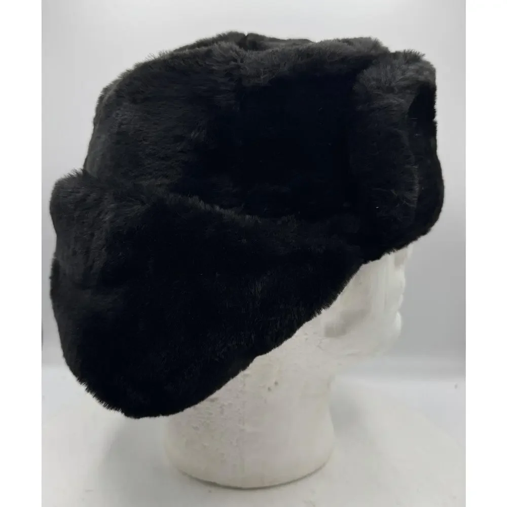 Russian Ushanka Winter Hat Black Faux Fur Soviet Union Navy Anchor Badge